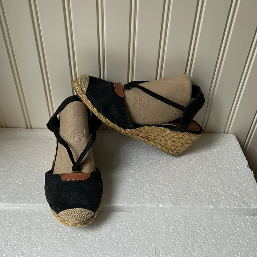 Lauren Ralph Lauren womens wedge 2.5” woven straw heel espadrilles size 8 black